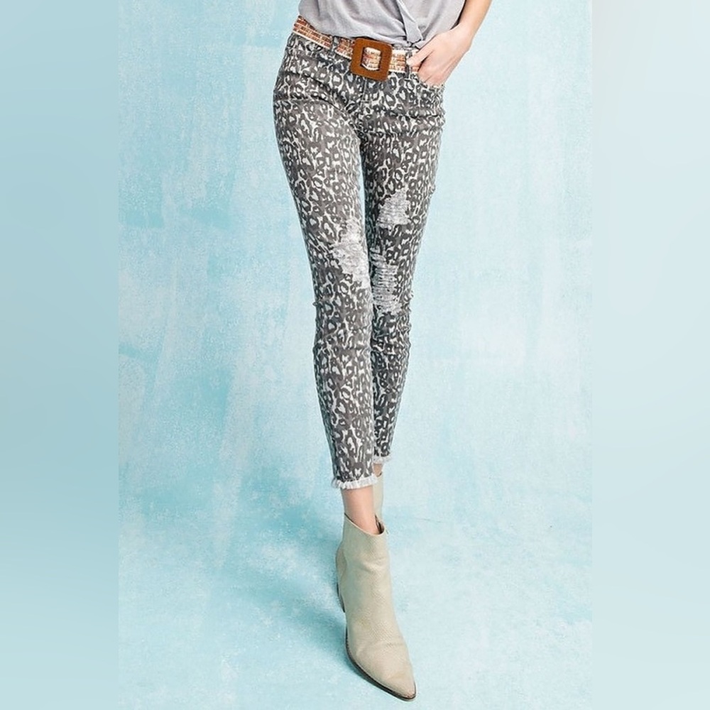 EASEL ANIMAL PRINTED DISTRESSED Stretch ANKLE CUT SKINNY JEANS size SMALL NEW
